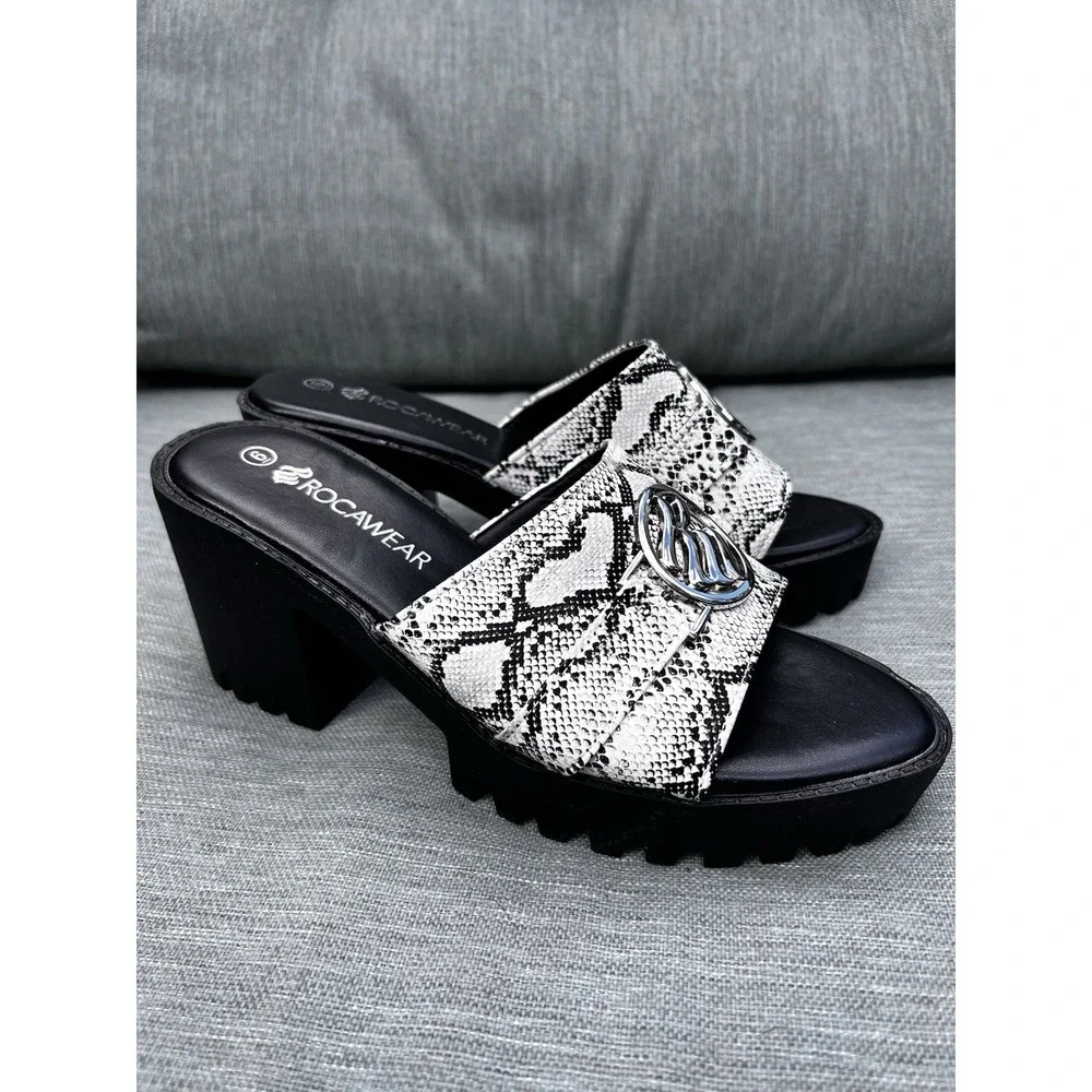 ROCAWEAR VTG Heel Open Toe‎ Platform Sz 6 NWOB Snakeskin Silver Logo Retro 90s